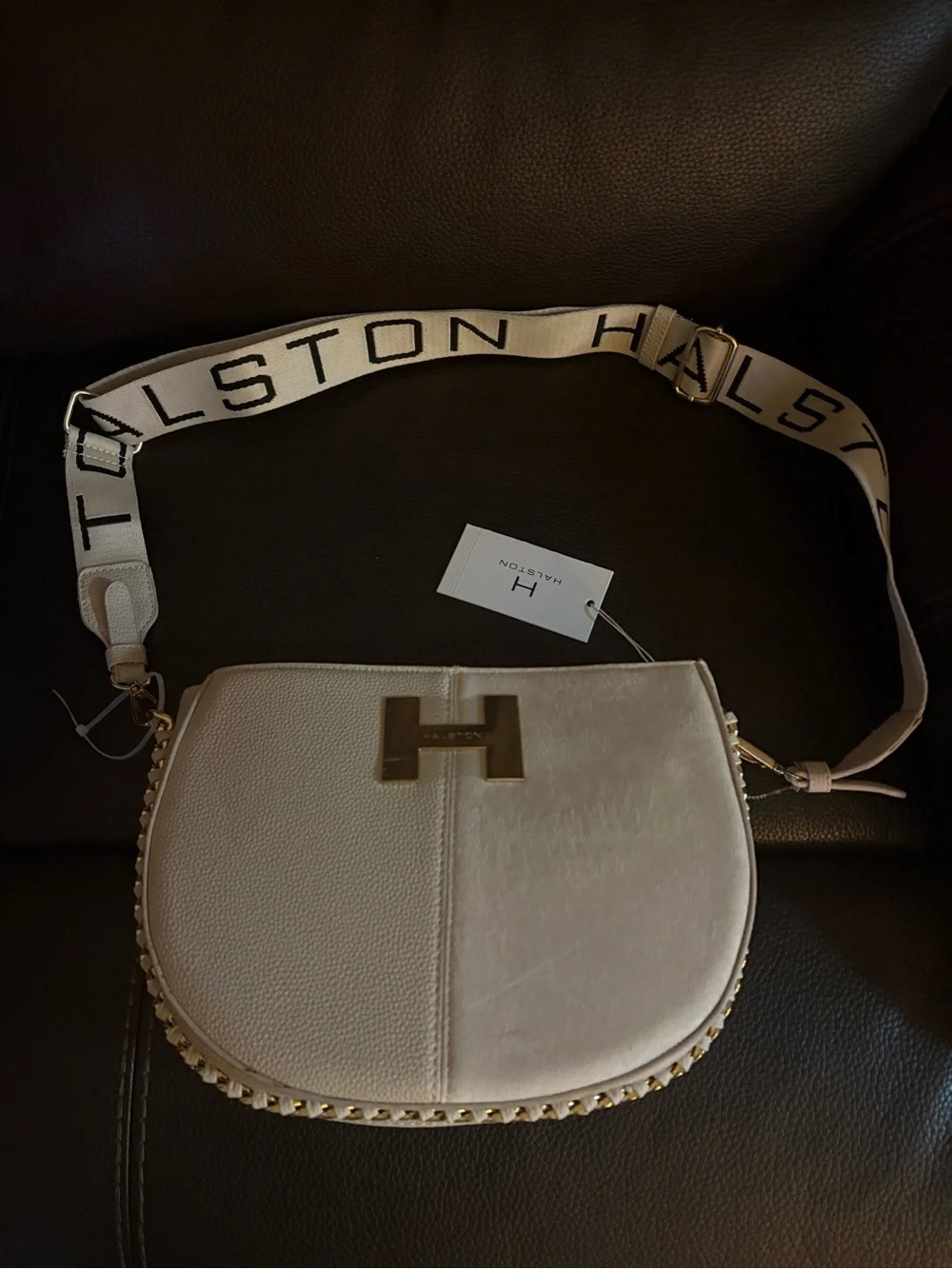 H by Halston Cream Crossbody with Logo Webbing Strap